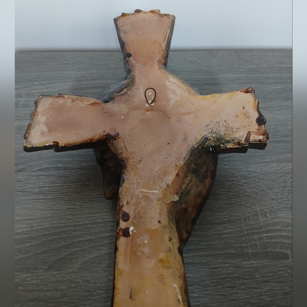 Vtg 19" Handmade Pottery Clay Cross w/ Side Profile of Jesus - Picture 13 of 16